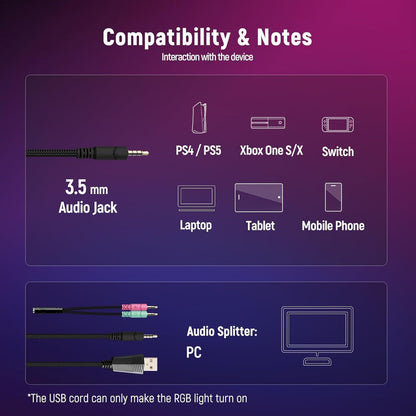 Gaming Headset for PC, Ps4, Ps5, Xbox Headset with 7.1 Surround Sound Gaming Headphones with Noise Canceling Mic, LED Light over Ear Headphones for Switch, Xbox Series X/S, Laptop, Mobile White