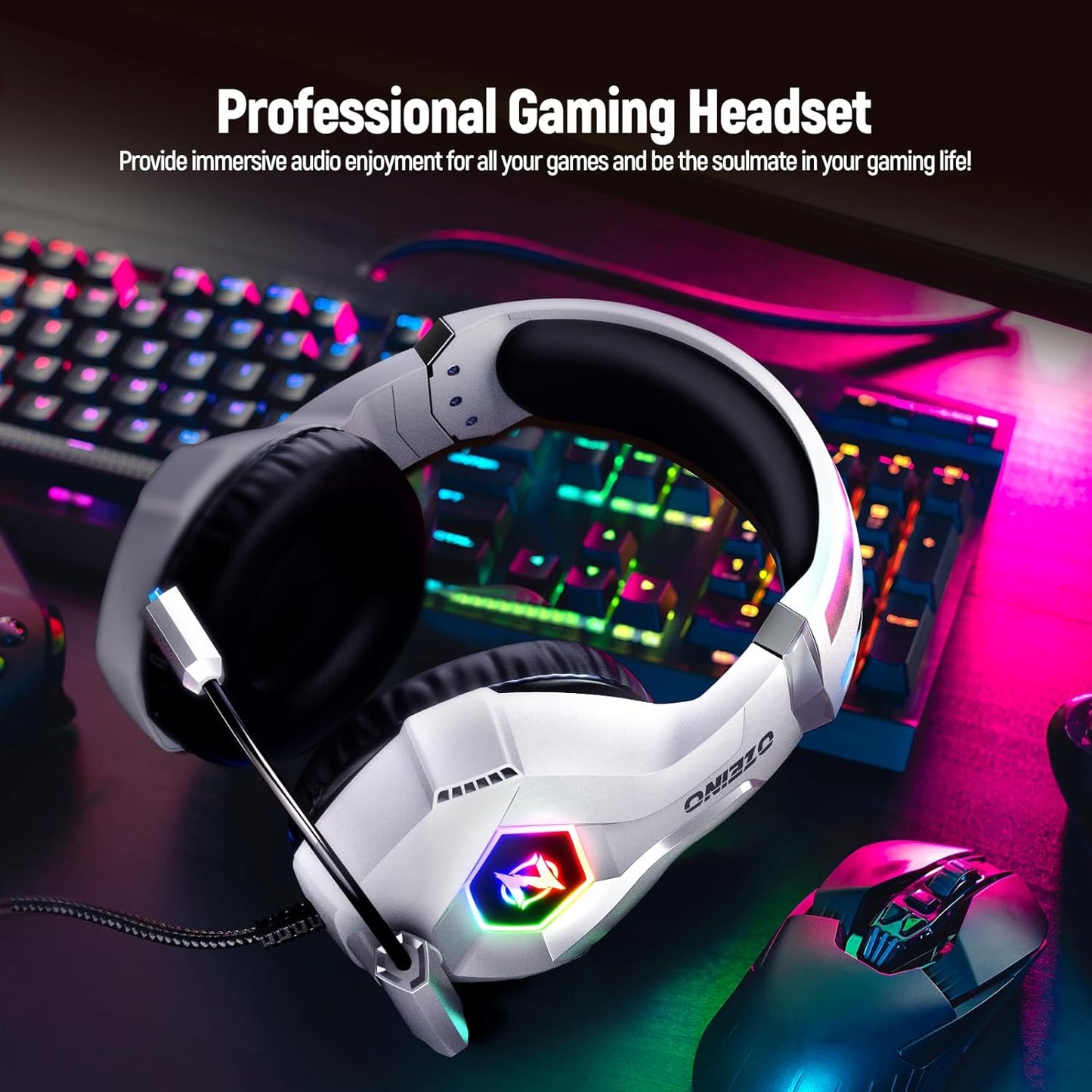 Gaming Headset for PC, Ps4, Ps5, Xbox Headset with 7.1 Surround Sound Gaming Headphones with Noise Canceling Mic, LED Light over Ear Headphones for Switch, Xbox Series X/S, Laptop, Mobile White
