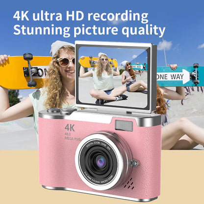 4K CCD Digital Camera for Student 48MP Compact Digital Photography Camera 180°Flip Screen Selfile Camera for Kid Adult Beginners