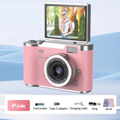 4K CCD Digital Camera for Student 48MP Compact Digital Photography Camera 180°Flip Screen Selfile Camera for Kid Adult Beginners