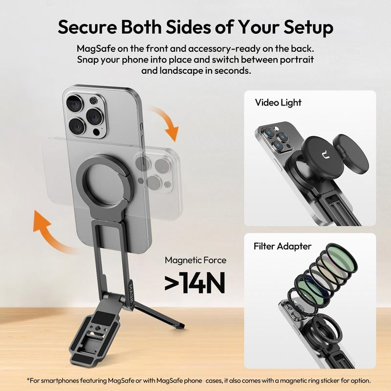 ULANZI Magnetic Phone Tripod for Iphone, MA38 Portable Phone Holder Mini Tripod for Magsafe with Double-Sided Strong Magnetic 1/4'' Arri Locating Hole Foldable Hook for Iphone 16 15 14 13 12